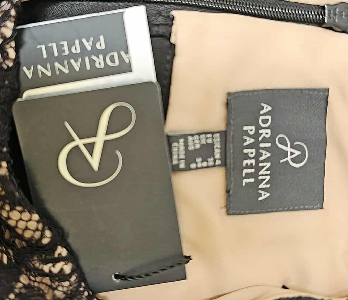 Adrianna Papell Black Sheath Dress with Lace Yoke – Size 6