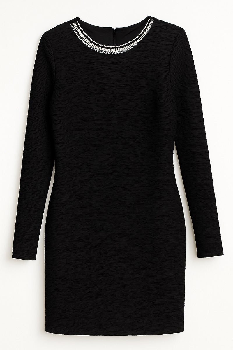 Endless Rose black textured long sleeve dress with beaded neckline – size S Ghbb Trading