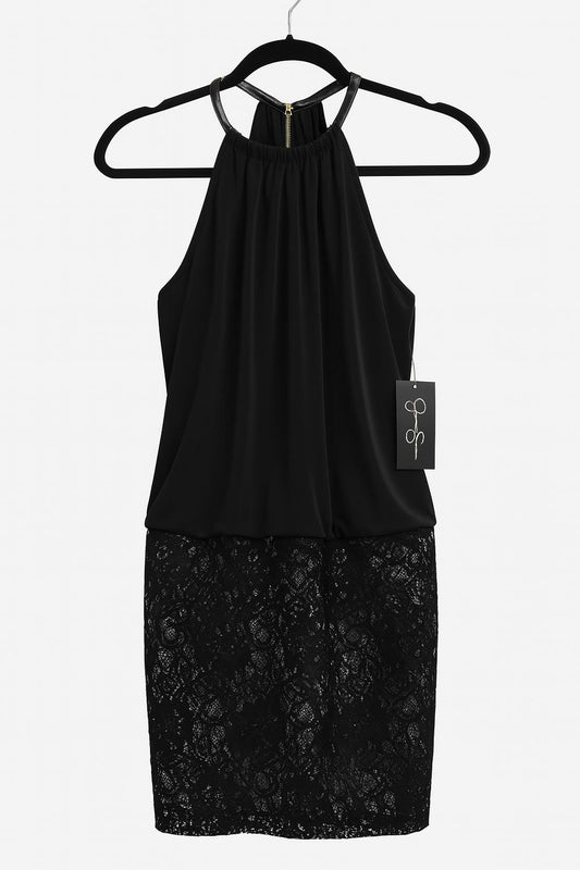 Jessica Simpson Women's Black Halter Neck Dress with Lace Skirt – Elegant Evening Cocktail Dress Ghbb Trading