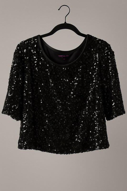 Material Girl Women's Black Sequin Short Sleeve Party Top – Size L – Sparkly glam fashion top Ghbb Trading