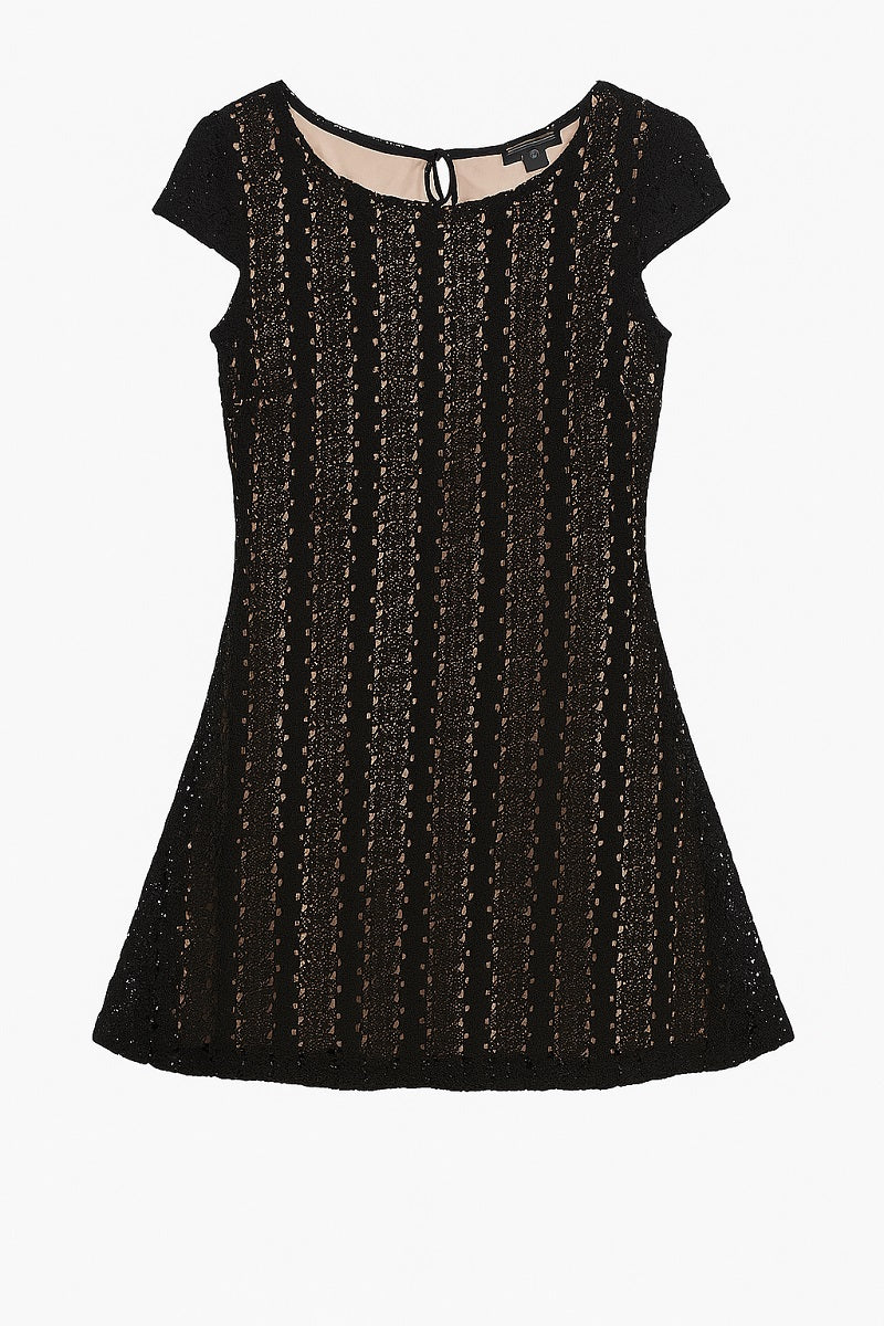 ZARA Woman black lace dress size S with nude lining, cap sleeves, and elegant fit & flare silhouette Ghbb Trading