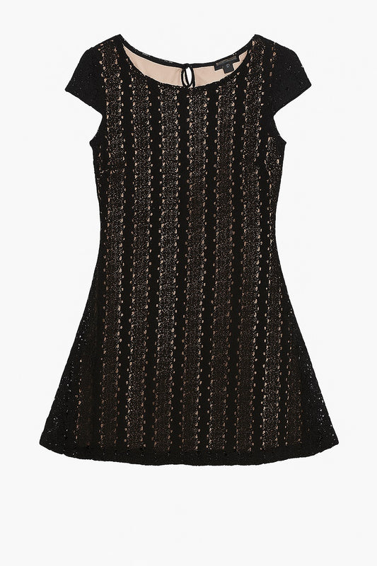 ZARA Woman black lace dress size S with nude lining, cap sleeves, and elegant fit & flare silhouette Ghbb Trading